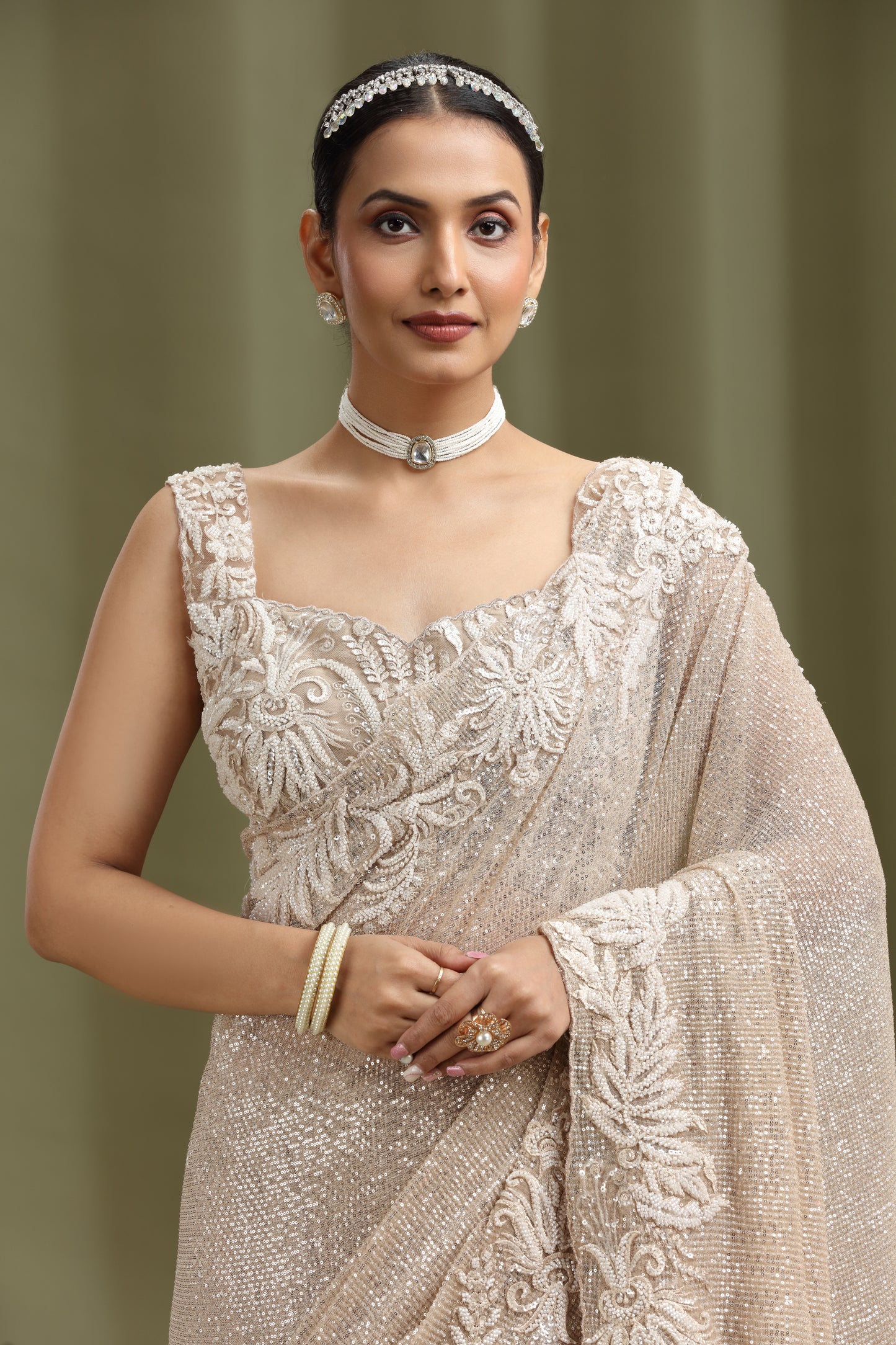 Gold Net Saree with Sequins, Cutdana & Resham Work (Unstitched)