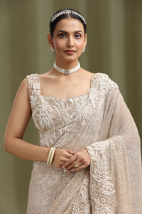 Woman wearing a traditional embroidered gold net saree with a green background