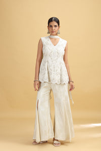 Pista Green Tissue Suit Set with Moti, Sequins & Stone Work