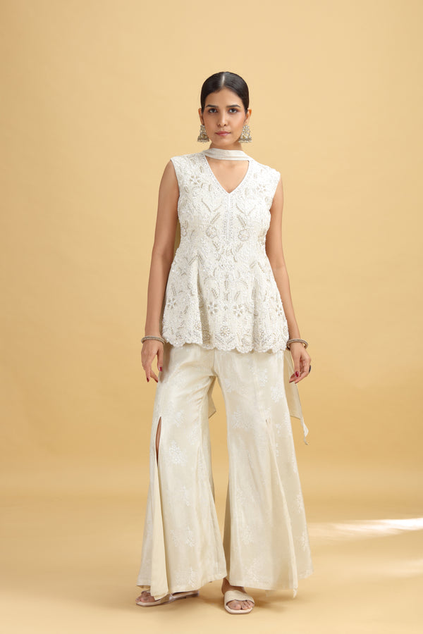 Pista Green Tissue Suit Set with Moti, Sequins & Stone Work