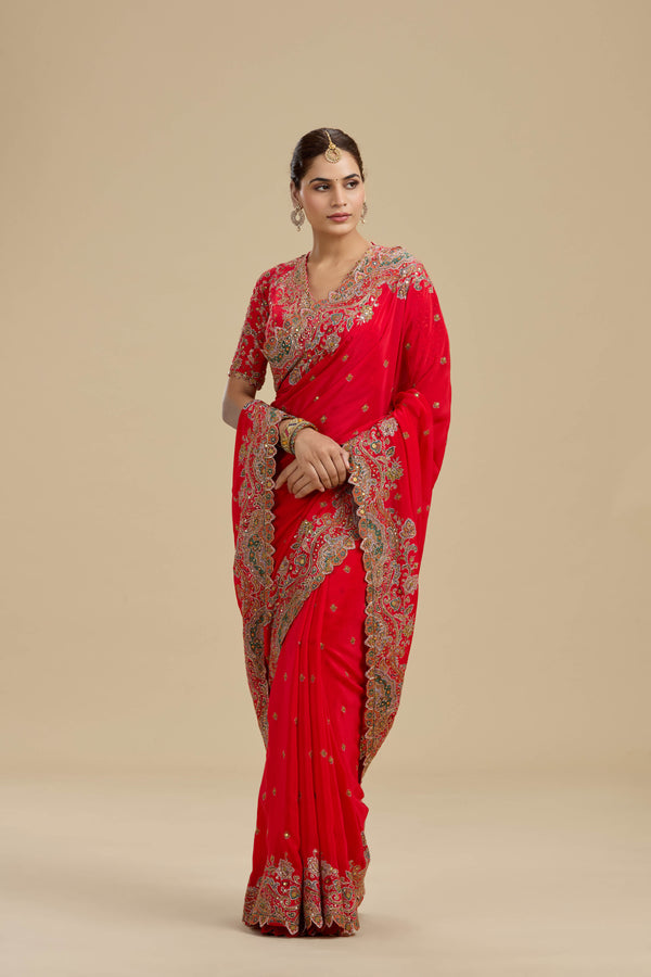Koral Red Printed Crepe Saree with Unstitched Blouse
