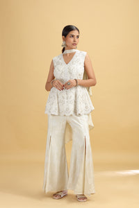 Pista Green Tissue Suit Set with Moti, Sequins & Stone Work