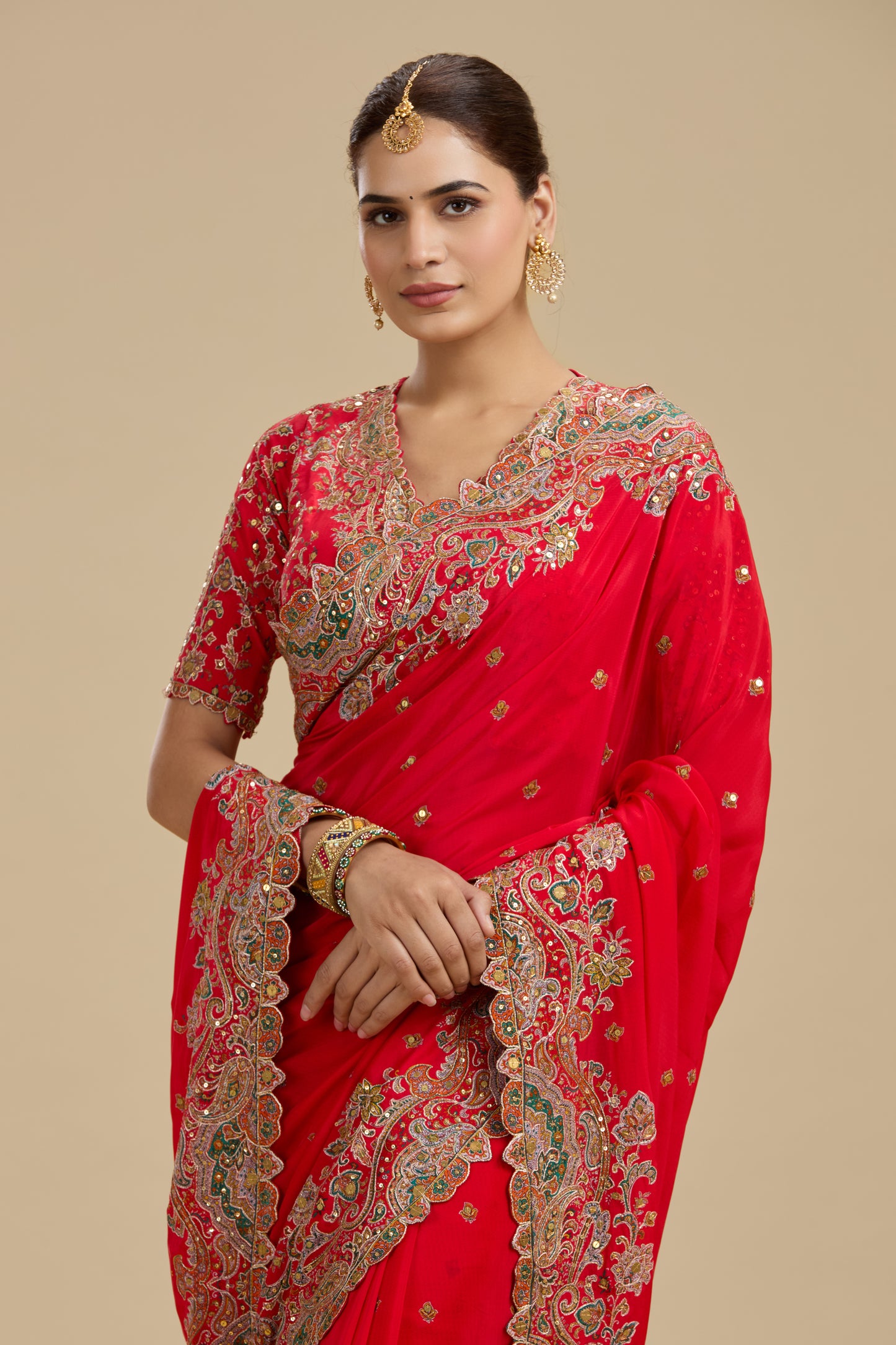 Koral Red Printed Crepe Saree with Unstitched Blouse