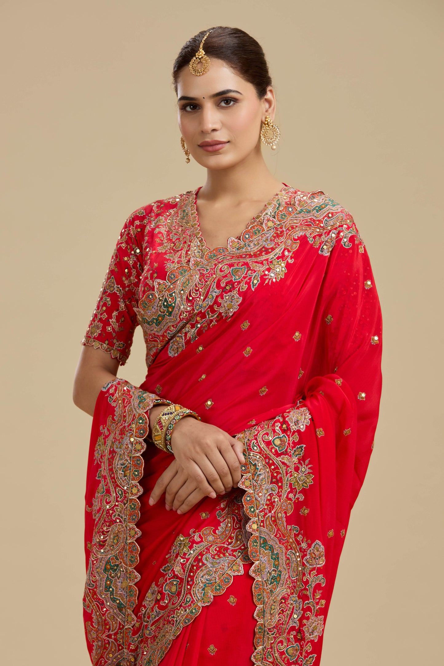 Koral Red Printed Crepe Saree with Unstitched Blouse