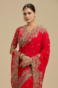 Koral Red Printed Crepe Saree with Unstitched Blouse