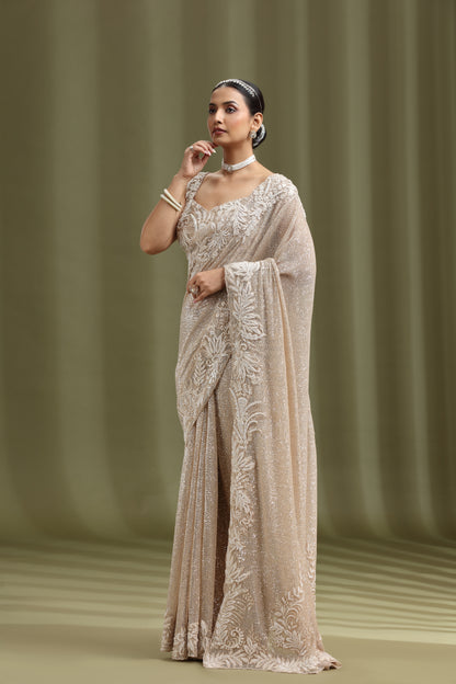 Gold Net Saree with Sequins, Cutdana & Resham Work (Unstitched)