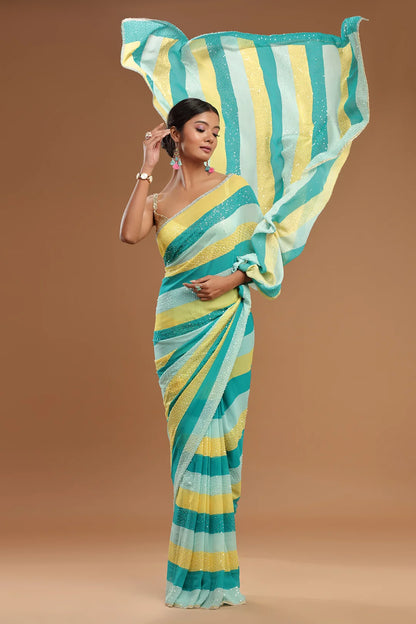 Aqua, Lime & Powder Blue Striped Georgette Saree with Sequins & Cutdana