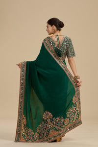 Bottle Green Embellished Crepe Saree with Stitched Blouse