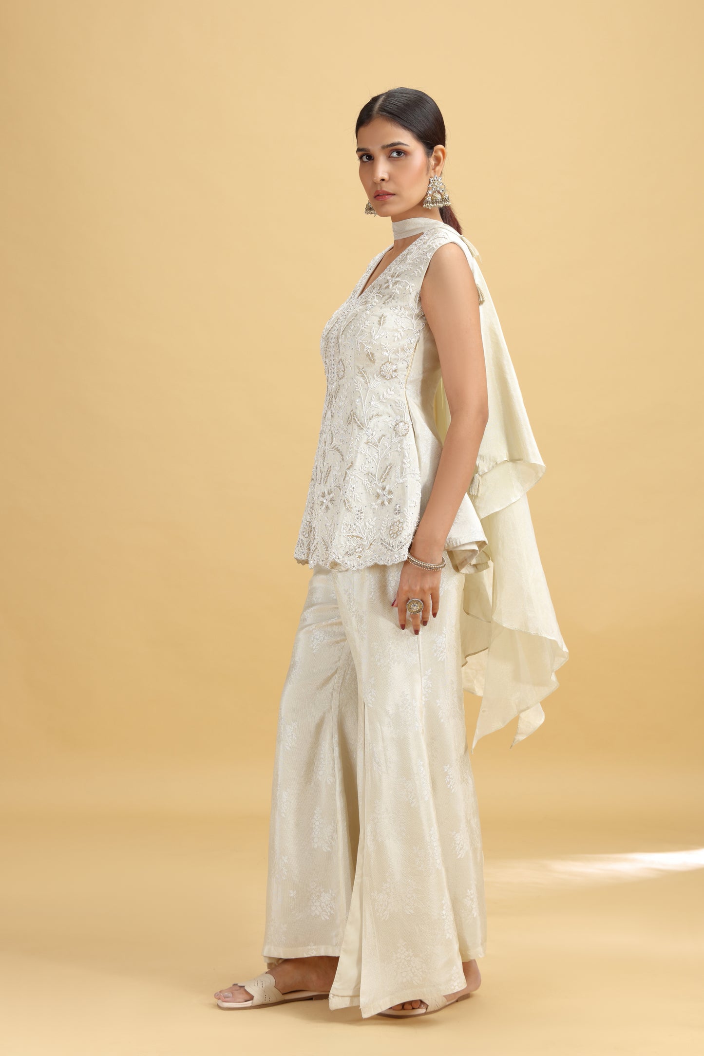 Pista Green Tissue Suit Set with Moti, Sequins & Stone Work