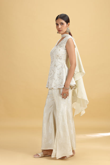 Pista Green Tissue Suit Set with Moti, Sequins & Stone Work