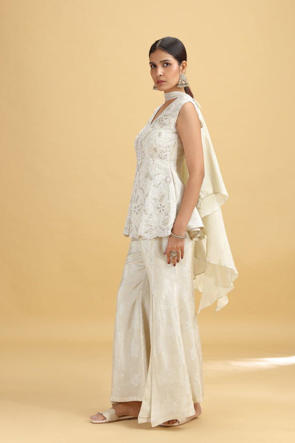 Pista Green Tissue Suit Set with Moti, Sequins & Stone Work