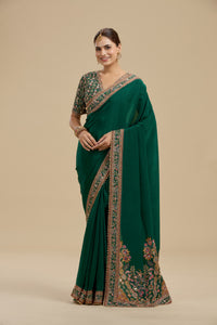 Bottle Green Embellished Crepe Saree with Stitched Blouse