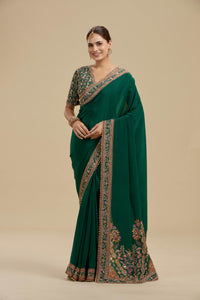 Bottle Green Embellished Crepe Saree with Stitched Blouse
