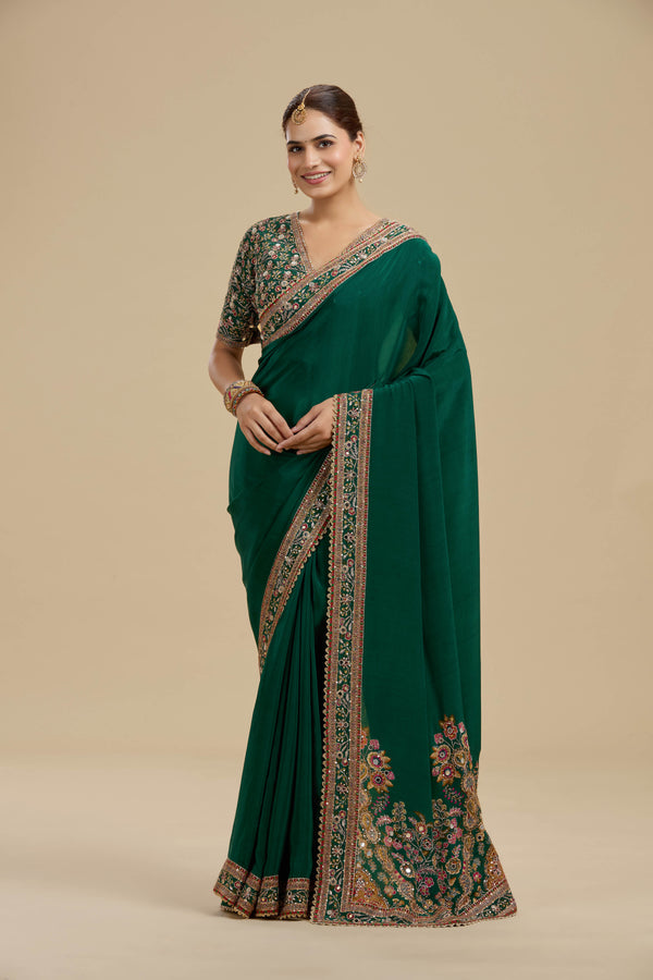 Bottle Green Embellished Crepe Saree with Stitched Blouse