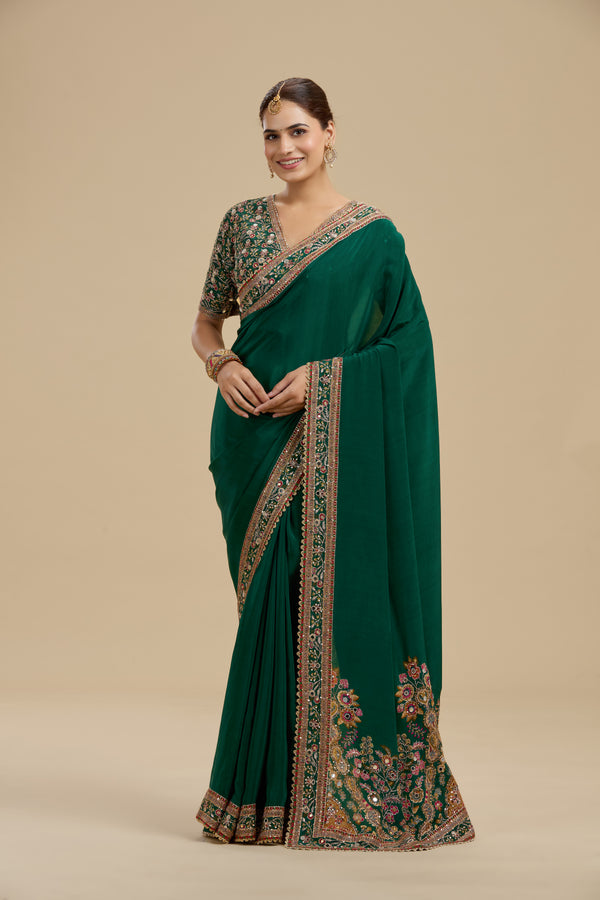 Bottle Green Embellished Crepe Saree with Stitched Blouse