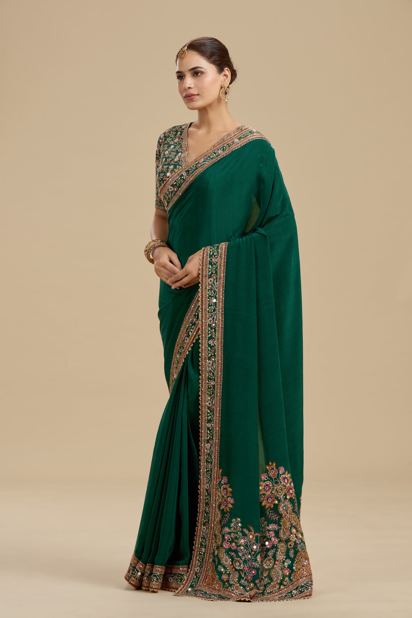 Bottle Green Embellished Crepe Saree with Stitched Blouse