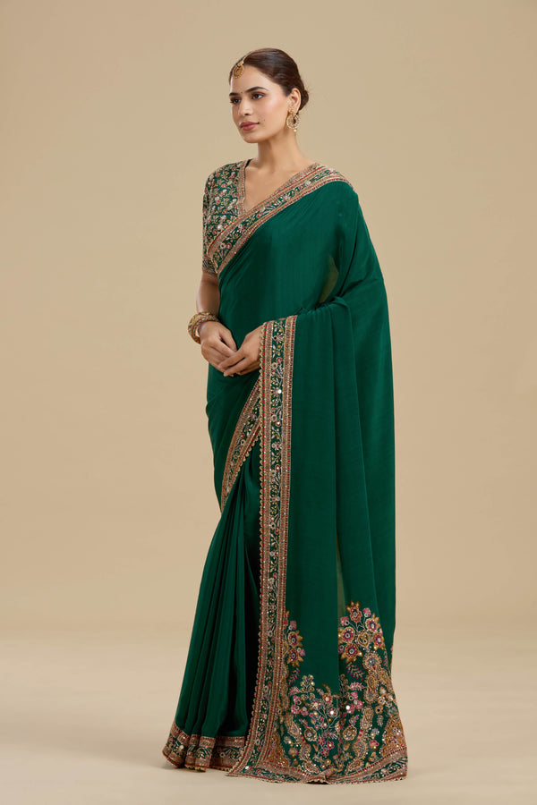 Bottle Green Embellished Crepe Saree with Stitched Blouse