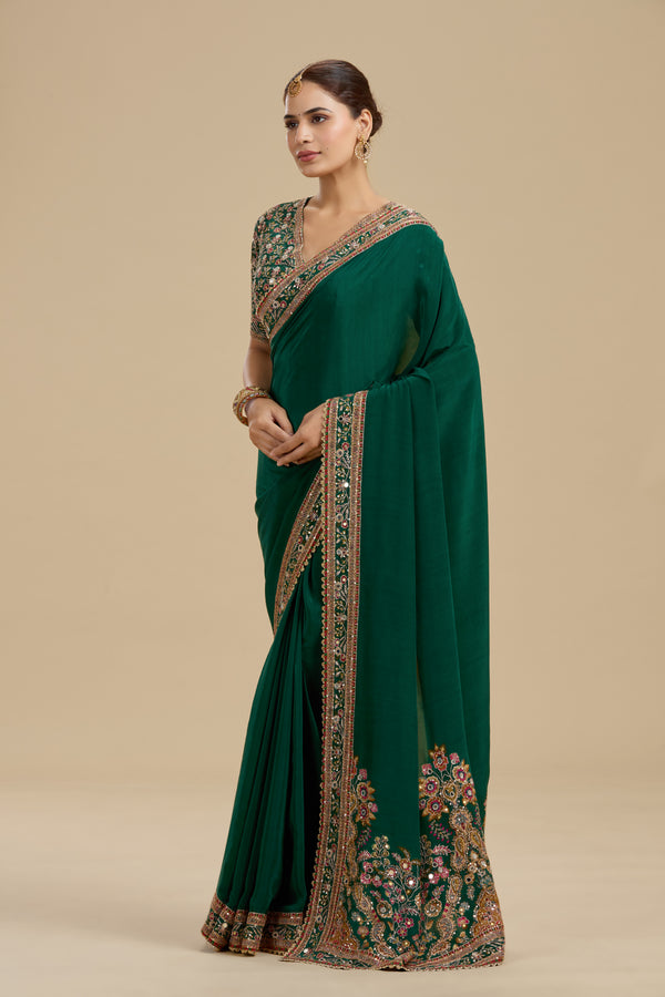 Bottle Green Embellished Crepe Saree with Stitched Blouse