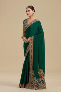 Bottle Green Embellished Crepe Saree with Stitched Blouse