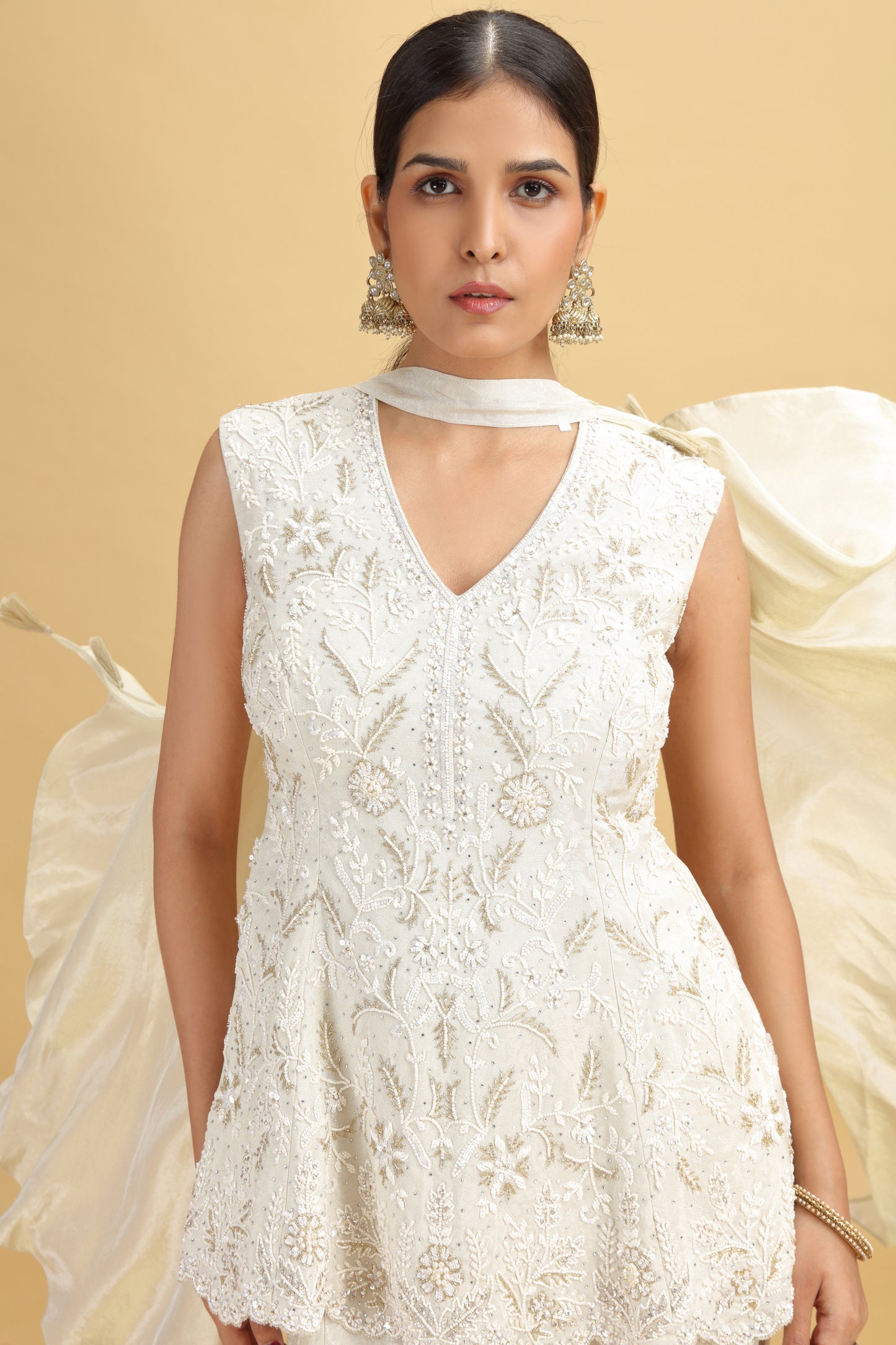 Pista Green Tissue Suit Set with Moti, Sequins & Stone Work