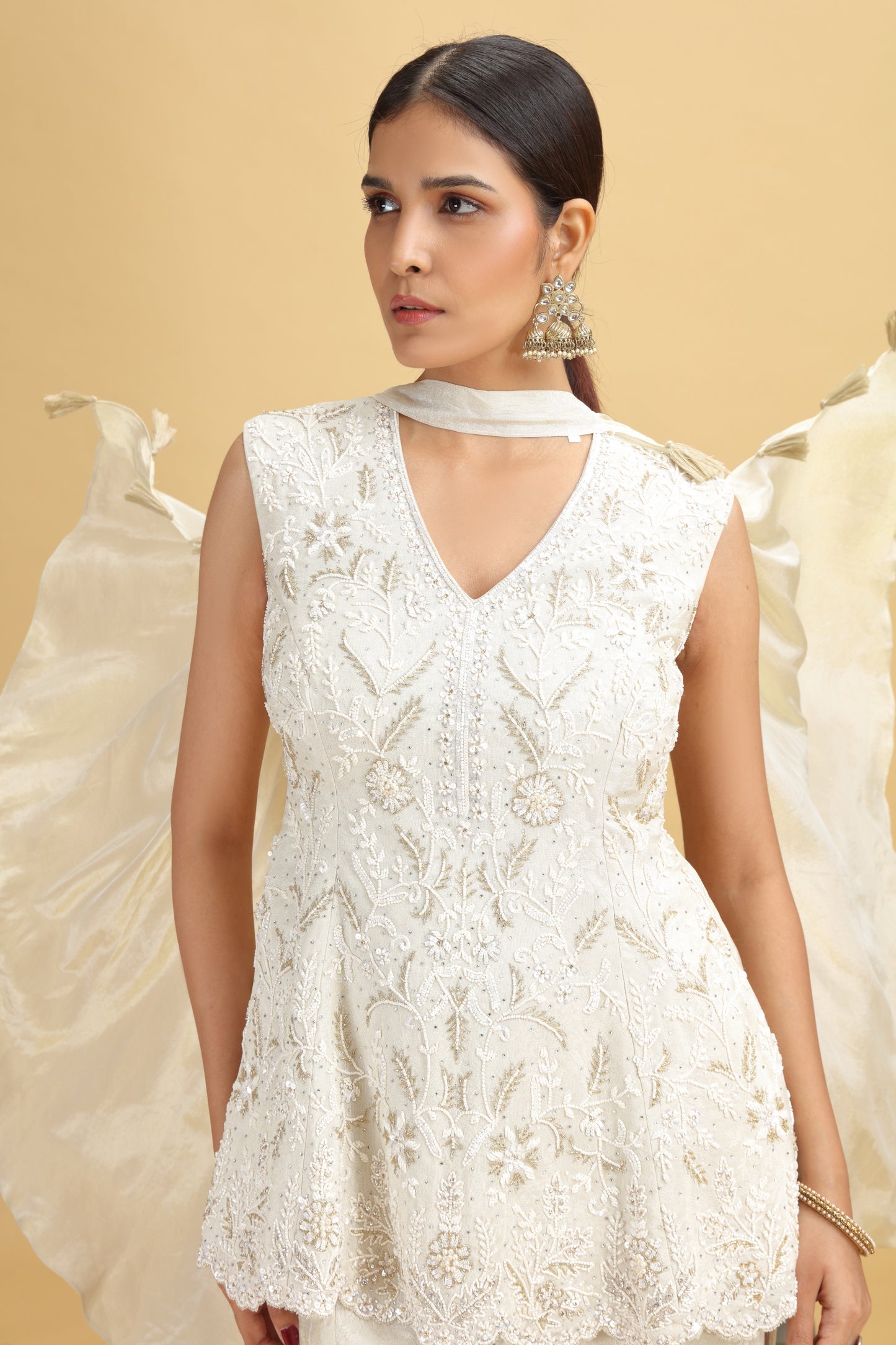 Pista Green Tissue Suit Set with Moti, Sequins & Stone Work