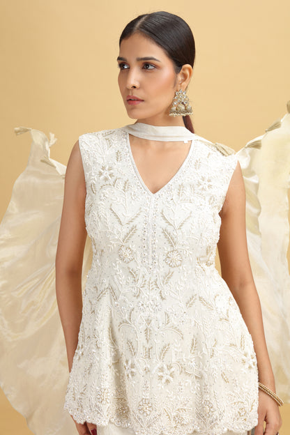 Pista Green Tissue Suit Set with Moti, Sequins & Stone Work