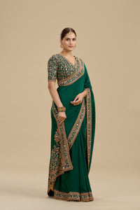 Bottle Green Embellished Crepe Saree with Stitched Blouse