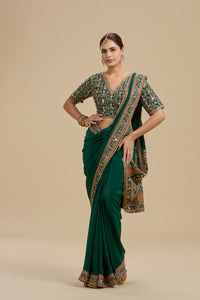 Bottle Green Embellished Crepe Saree with Stitched Blouse