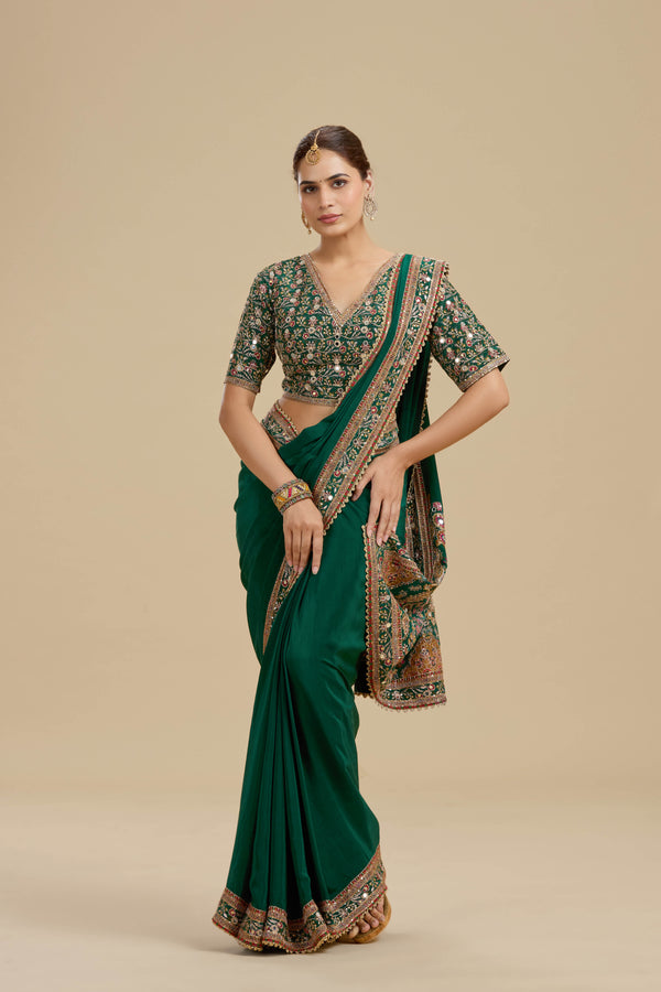 Bottle Green Embellished Crepe Saree with Stitched Blouse