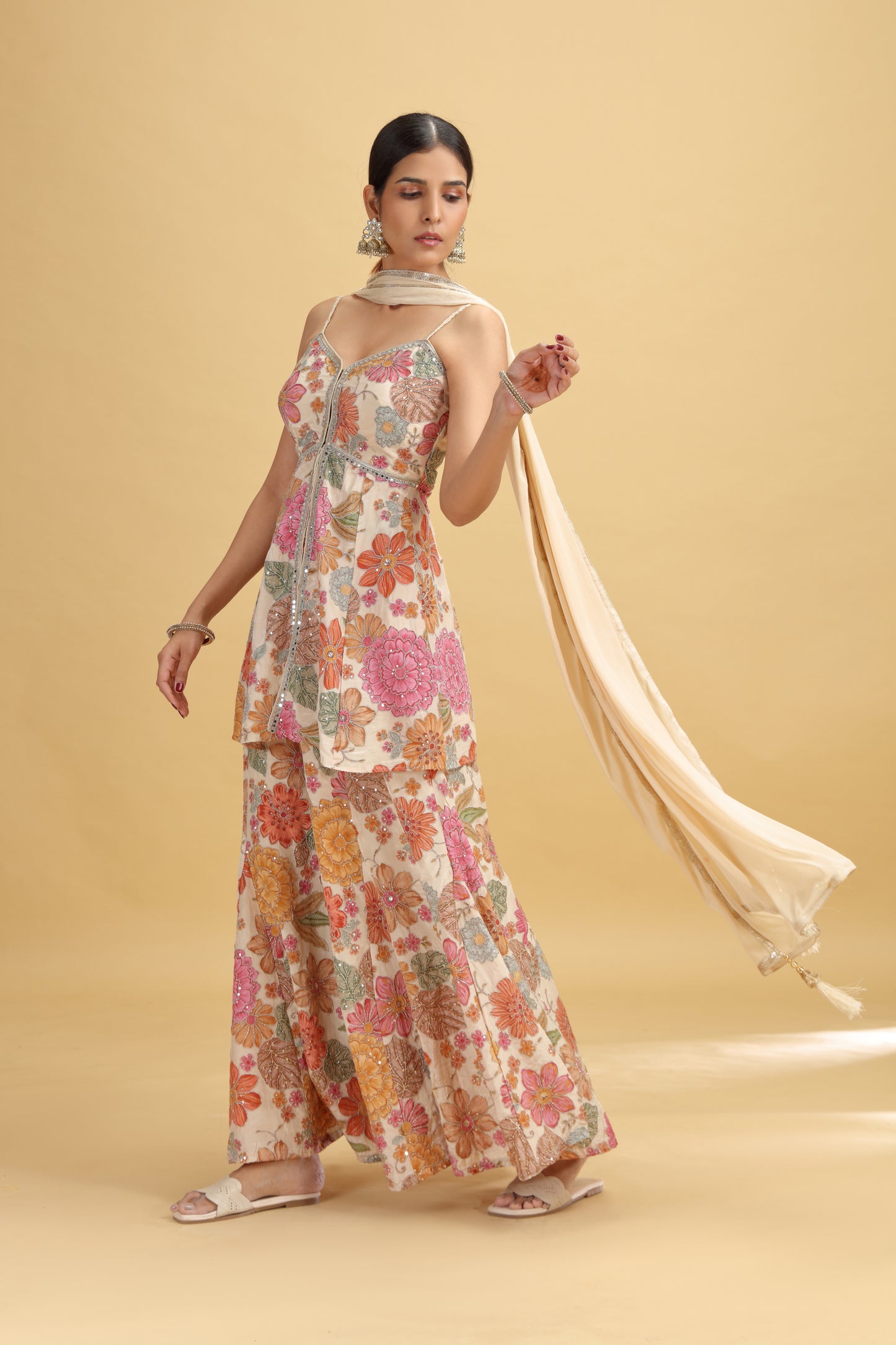 Rose Gold Crepe Suit Set with Chinnon Dupatta & Mirror Work