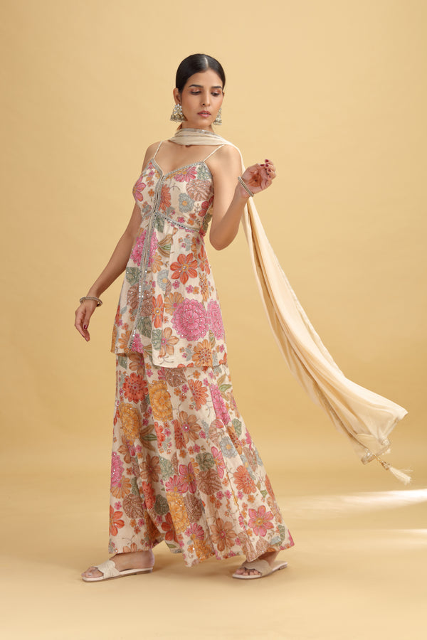 Rose Gold Crepe Suit Set with Chinnon Dupatta & Mirror Work