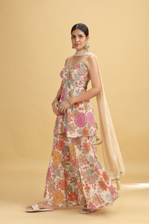 Rose Gold Crepe Suit Set with Chinnon Dupatta & Mirror Work