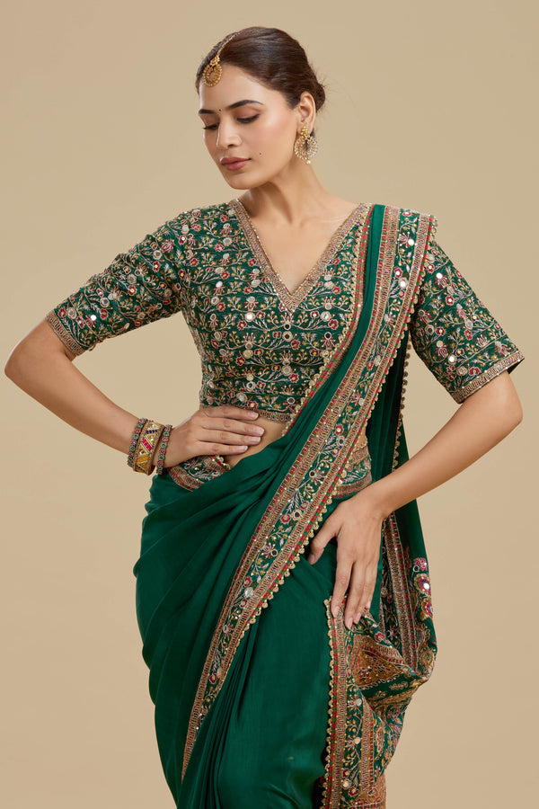 Bottle Green Embellished Crepe Saree with Stitched Blouse