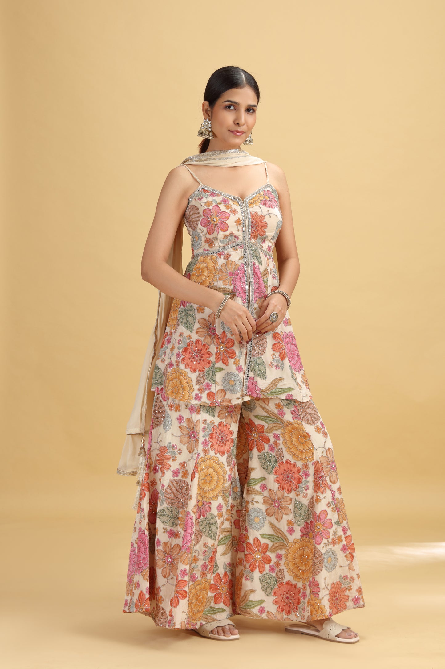 Rose Gold Crepe Suit Set with Chinnon Dupatta & Mirror Work