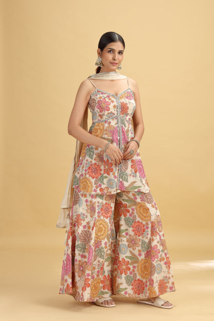 Rose Gold Crepe Suit Set with Chinnon Dupatta & Mirror Work