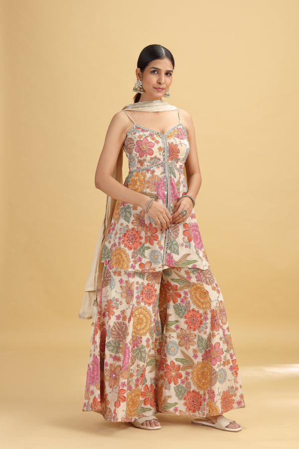 Rose Gold Crepe Suit Set with Chinnon Dupatta & Mirror Work