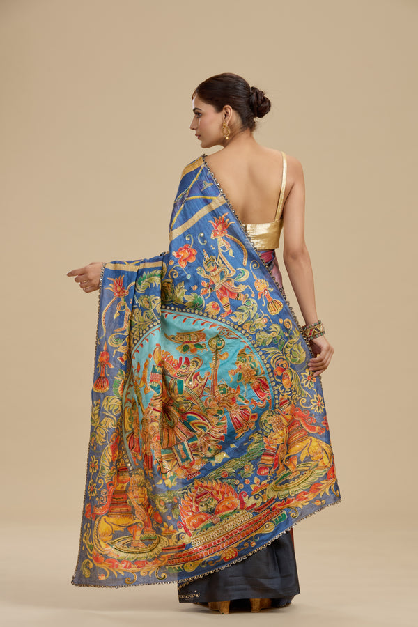 Indigo Blue Printed Tussar Silk Saree with Unstitched Blouse