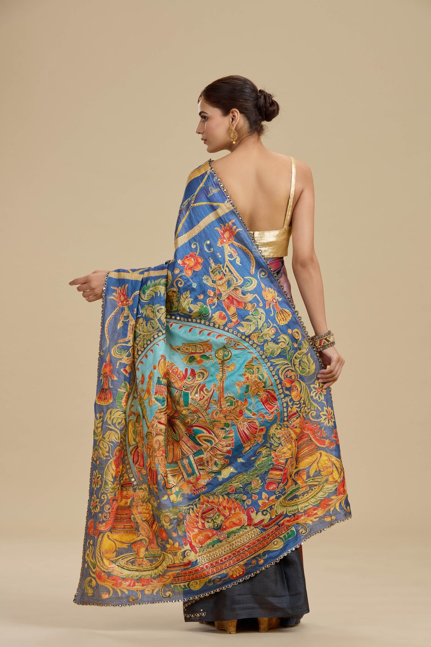 Indigo Blue Printed Tussar Silk Saree with Unstitched Blouse