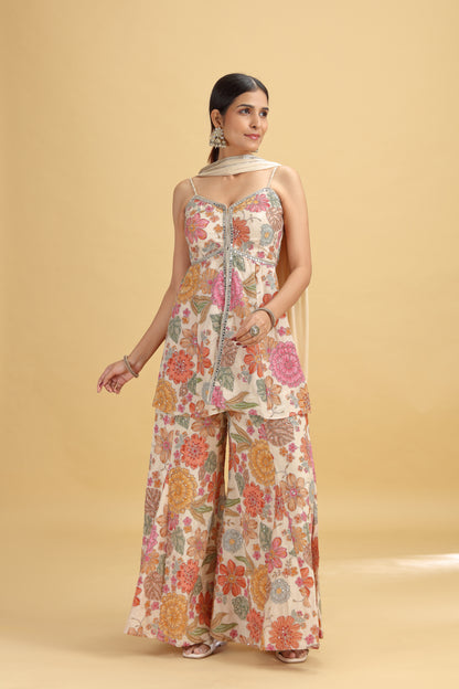 Rose Gold Crepe Suit Set with Chinnon Dupatta & Mirror Work