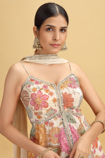 Rose Gold Crepe Suit Set with Chinnon Dupatta & Mirror Work