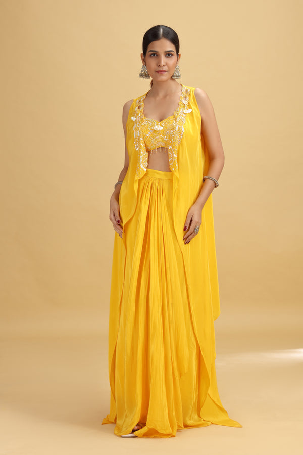 Yellow Crepe Suit Set with Kundan, Moti & Sequins Work