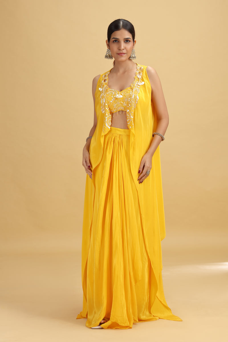 Yellow Crepe Suit Set with Kundan, Moti & Sequins Work