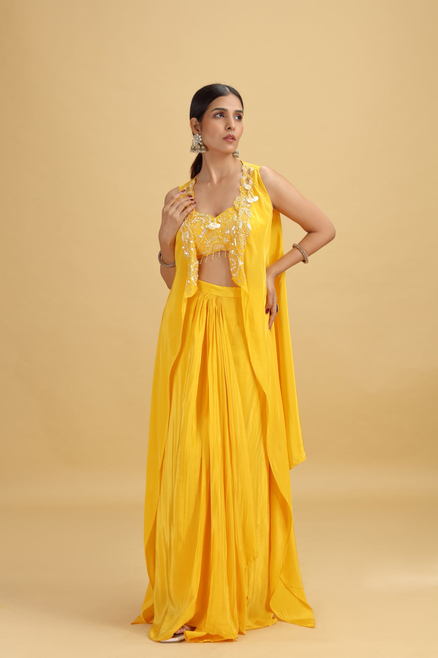 Yellow Crepe Suit Set with Kundan, Moti & Sequins Work