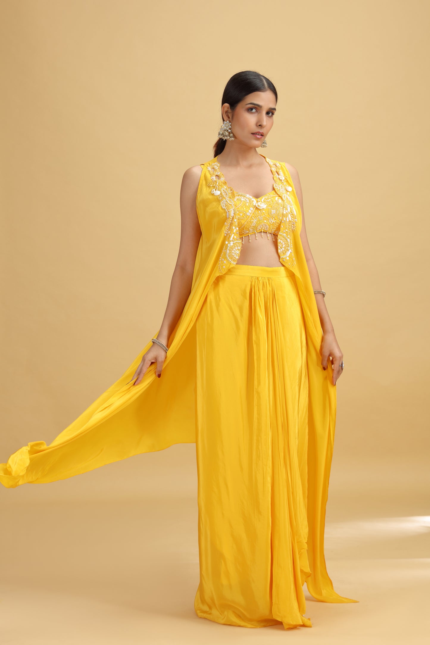 Yellow Crepe Suit Set with Kundan, Moti & Sequins Work