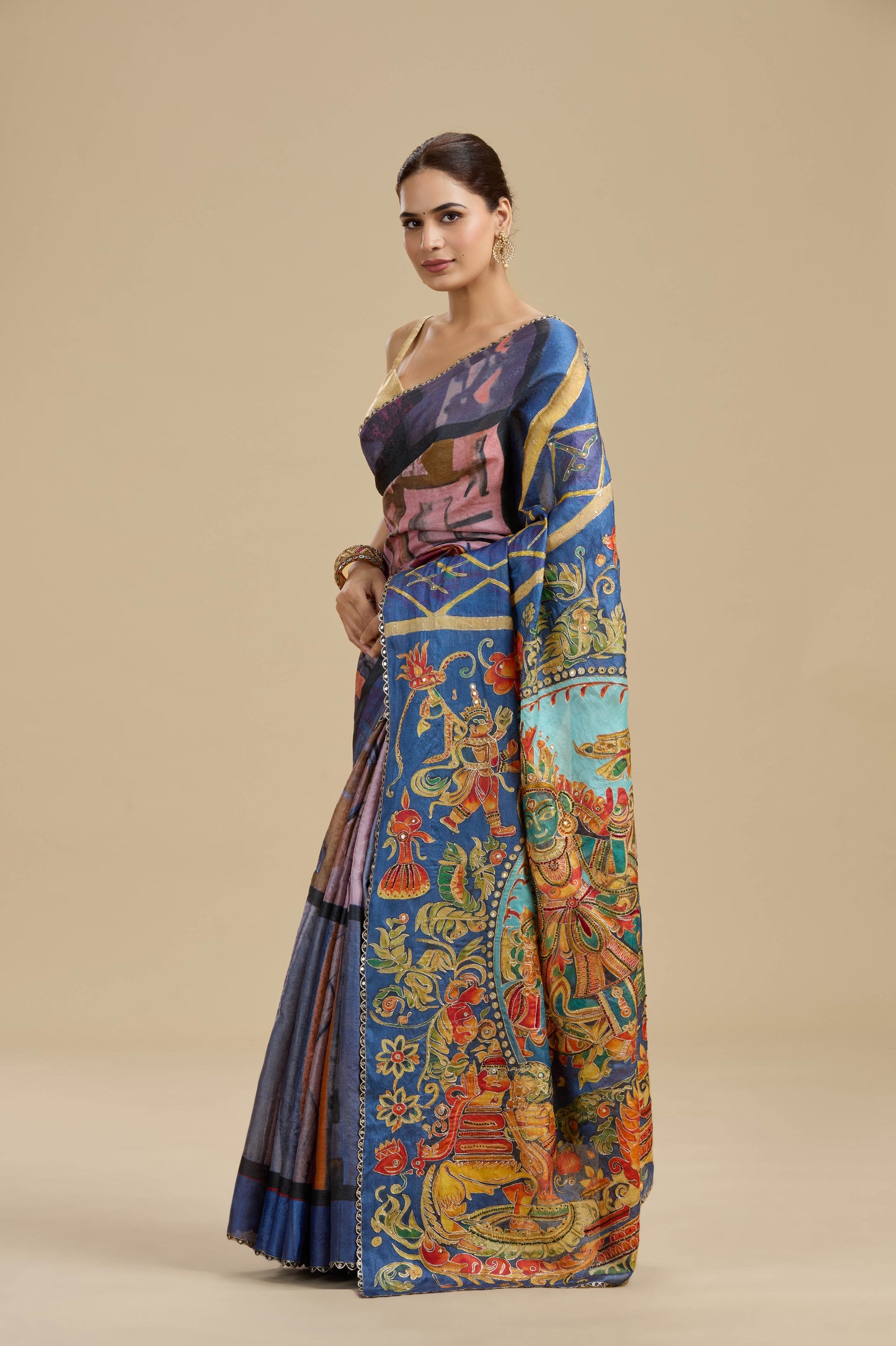 Indigo Blue Printed Tussar Silk Saree with Unstitched Blouse