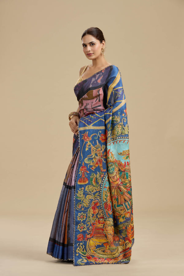 Indigo Blue Printed Tussar Silk Saree with Unstitched Blouse