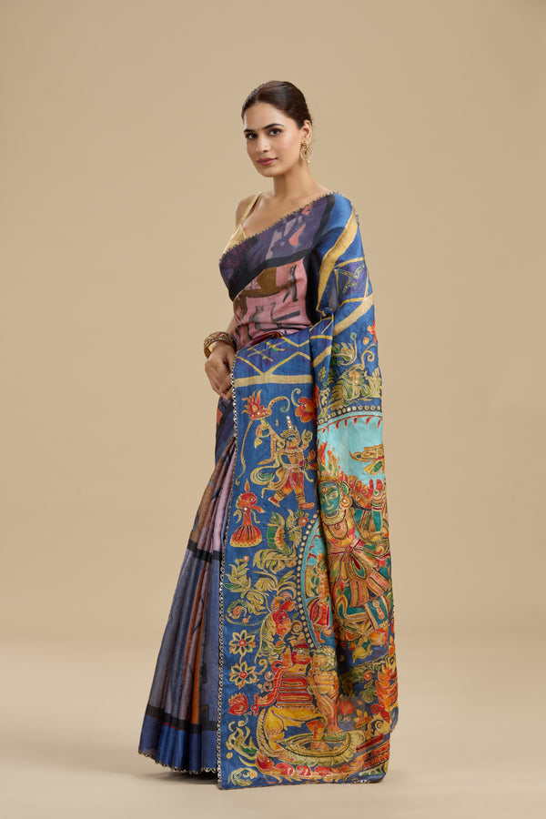 Indigo Blue Printed Tussar Silk Saree with Unstitched Blouse