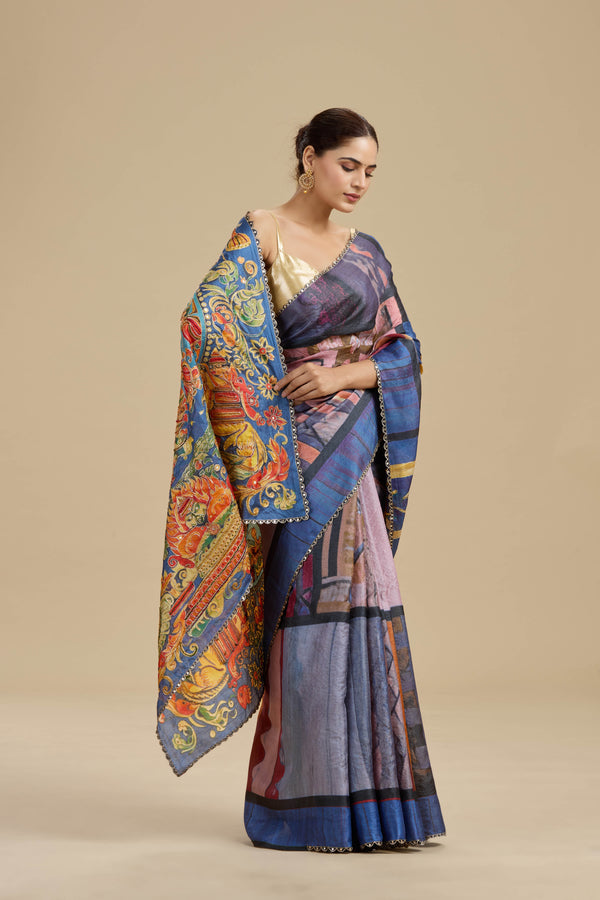 Indigo Blue Printed Tussar Silk Saree with Unstitched Blouse