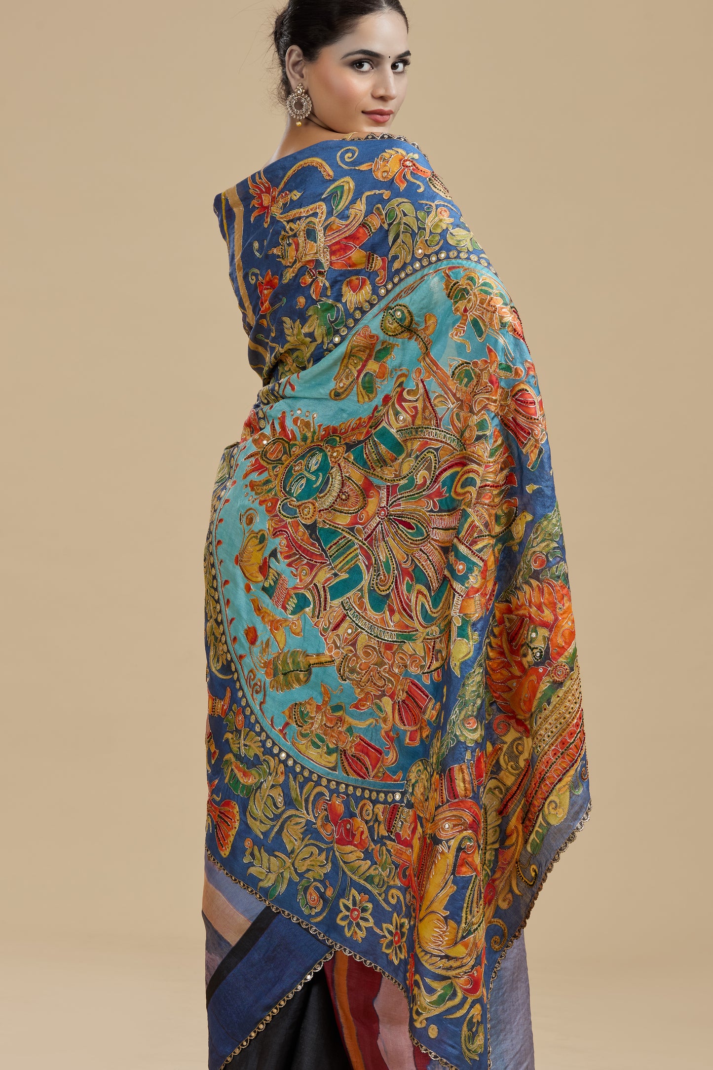 Indigo Blue Printed Tussar Silk Saree with Unstitched Blouse