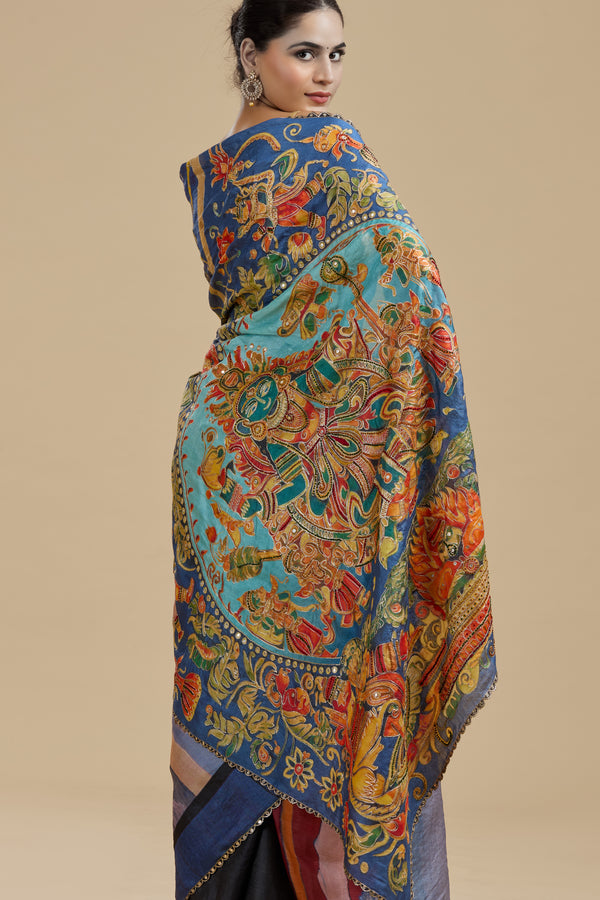 Indigo Blue Printed Tussar Silk Saree with Unstitched Blouse
